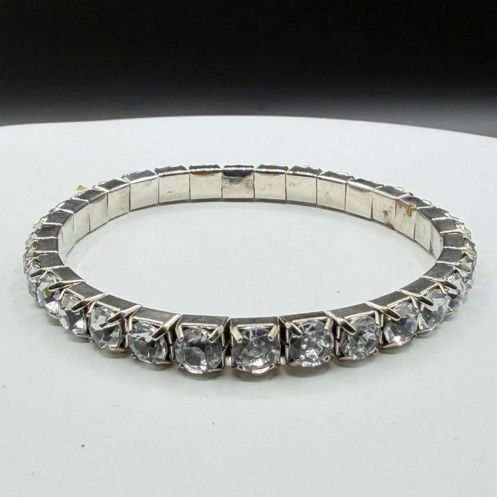Clear Crystal Rhinestone Silver Tone Stretch Tennis Bracelet Statement Gift
